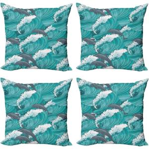 Ambesonne Cartoon Throw Pillow Cover Set of 4, Pattern with Flying Fairies Setting on Moon Riding Swan Stick, Square Cushion Covers Decor for Bed Couch Sofa, 18″x18″, Rose Earth Yellow Pink(Charcoal Grey Teal White)