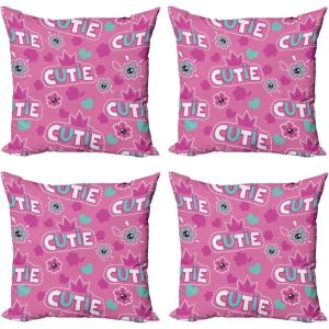Ambesonne Cartoon Throw Pillow Cover Set of 4, Pattern with Flying Fairies Setting on Moon Riding Swan Stick, Square Cushion Covers Decor for Bed Couch Sofa, 18″x18″, Rose Earth Yellow Pink(Fuchsia)