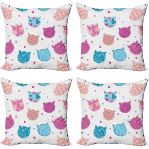 Ambesonne Cartoon Throw Pillow Cover Set of 4, Pattern with Flying Fairies Setting on Moon Riding Swan Stick, Square Cushion Covers Decor for Bed Couch Sofa, 18″x18″, Rose Earth Yellow Pink(Fuchsia and Blue)