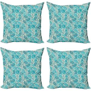 Ambesonne Cartoon Throw Pillow Cover Set of 4, Pattern with Flying Fairies Setting on Moon Riding Swan Stick, Square Cushion Covers Decor for Bed Couch Sofa, 18″x18″, Rose Earth Yellow Pink(Aqua Teal)