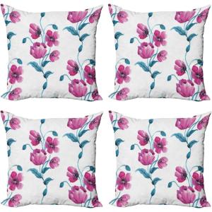 Ambesonne Cartoon Throw Pillow Cover Set of 4, Pattern with Flying Fairies Setting on Moon Riding Swan Stick, Square Cushion Covers Decor for Bed Couch Sofa, 18″x18″, Rose Earth Yellow Pink(Fuchsia and Petrol Blue)