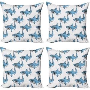 Ambesonne Cartoon Throw Pillow Cover Set of 4, Pattern with Flying Fairies Setting on Moon Riding Swan Stick, Square Cushion Covers Decor for Bed Couch Sofa, 18″x18″, Rose Earth Yellow Pink(Blue White)