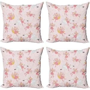 Ambesonne Cartoon Throw Pillow Cover Set of 4, Pattern with Flying Fairies Setting on Moon Riding Swan Stick, Square Cushion Covers Decor for Bed Couch Sofa, 18″x18″, Rose Earth Yellow Pink(Rose Earth Yellow Pink)