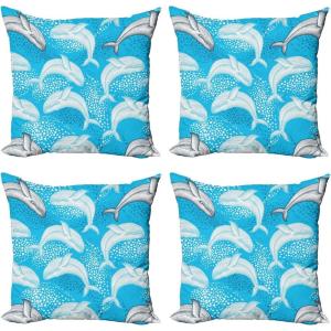 Ambesonne Cartoon Throw Pillow Cover Set of 4, Pattern with Flying Fairies Setting on Moon Riding Swan Stick, Square Cushion Covers Decor for Bed Couch Sofa, 18″x18″, Rose Earth Yellow Pink(Blue Grey)