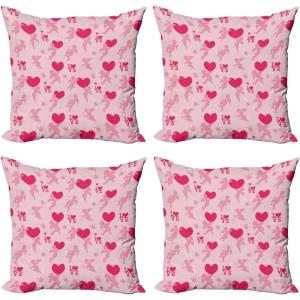 Ambesonne Cartoon Throw Pillow Cover Set of 4, Pattern with Flying Fairies Setting on Moon Riding Swan Stick, Square Cushion Covers Decor for Bed Couch Sofa, 18″x18″, Rose Earth Yellow Pink(Rose Pink)