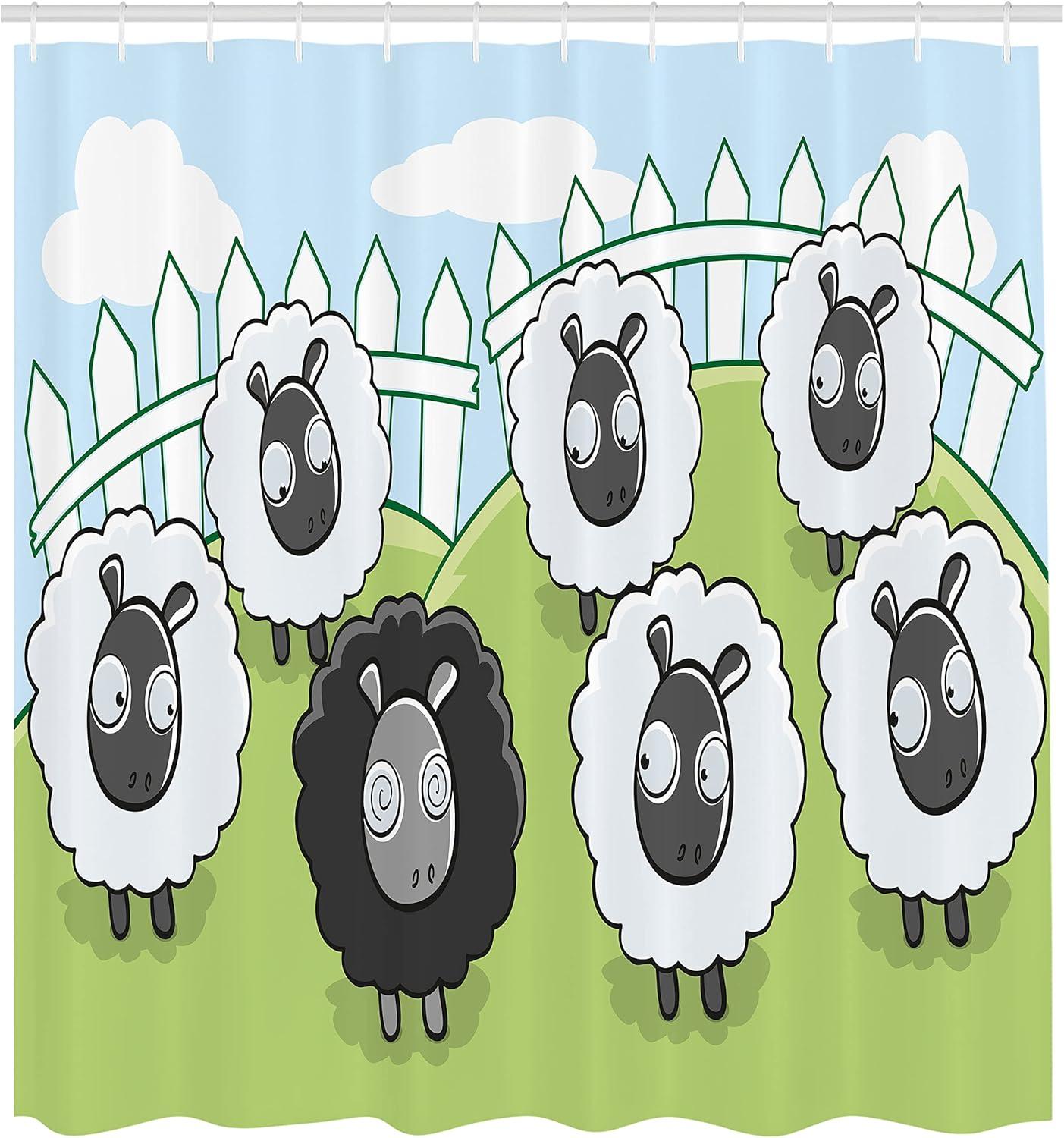 imageAmbesonne Cartoon Shower Curtain Composition of Farm Animals Dark Color Sheep Surrounded by White Sheep Pattern Cloth Fabric Bathroom Decor Set with Hooks 69 W x 70 L Green Pale Blue