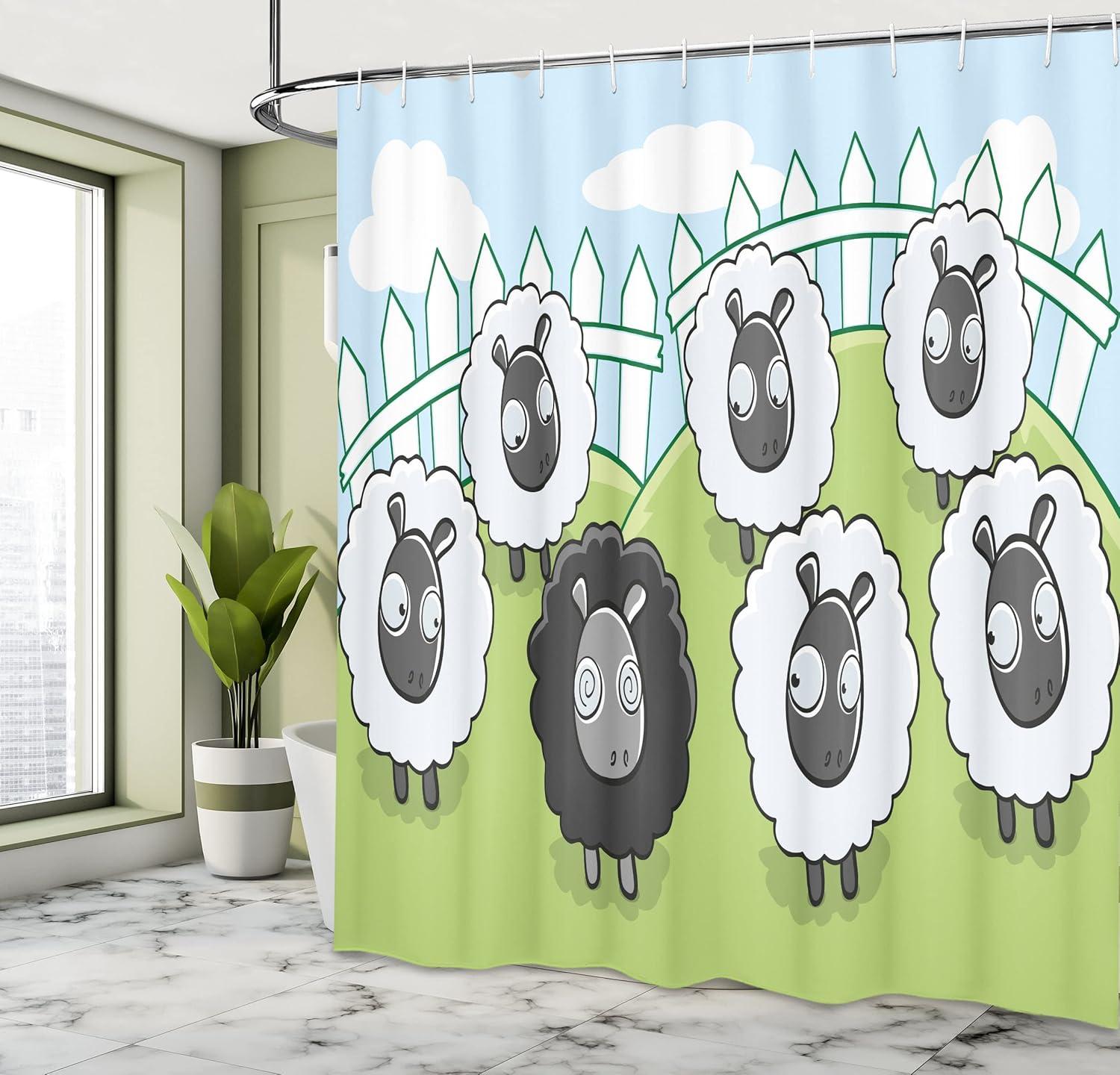 imageAmbesonne Cartoon Shower Curtain Composition of Farm Animals Dark Color Sheep Surrounded by White Sheep Pattern Cloth Fabric Bathroom Decor Set with Hooks 69 W x 70 L Green Pale Blue