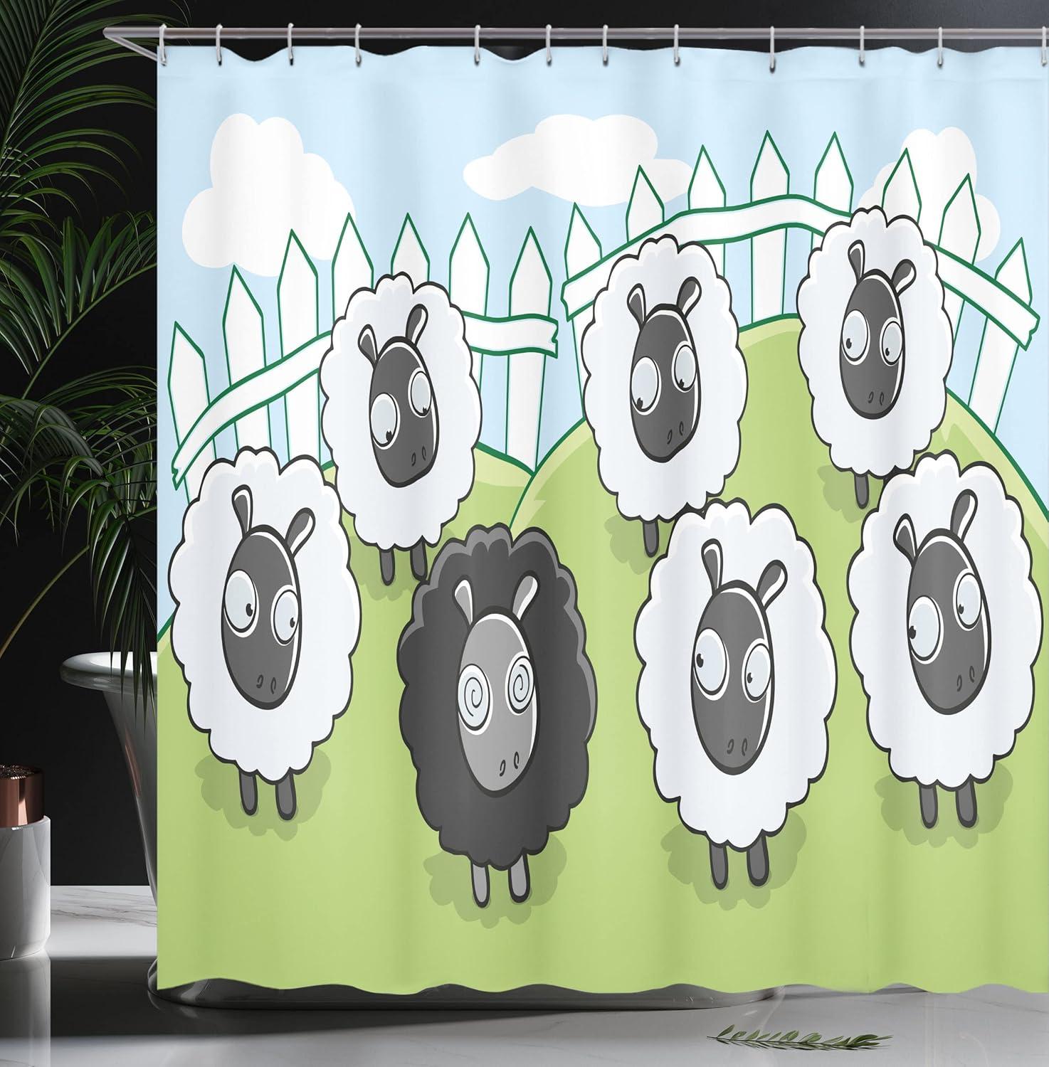 imageAmbesonne Cartoon Shower Curtain Composition of Farm Animals Dark Color Sheep Surrounded by White Sheep Pattern Cloth Fabric Bathroom Decor Set with Hooks 69 W x 70 L Green Pale Blue
