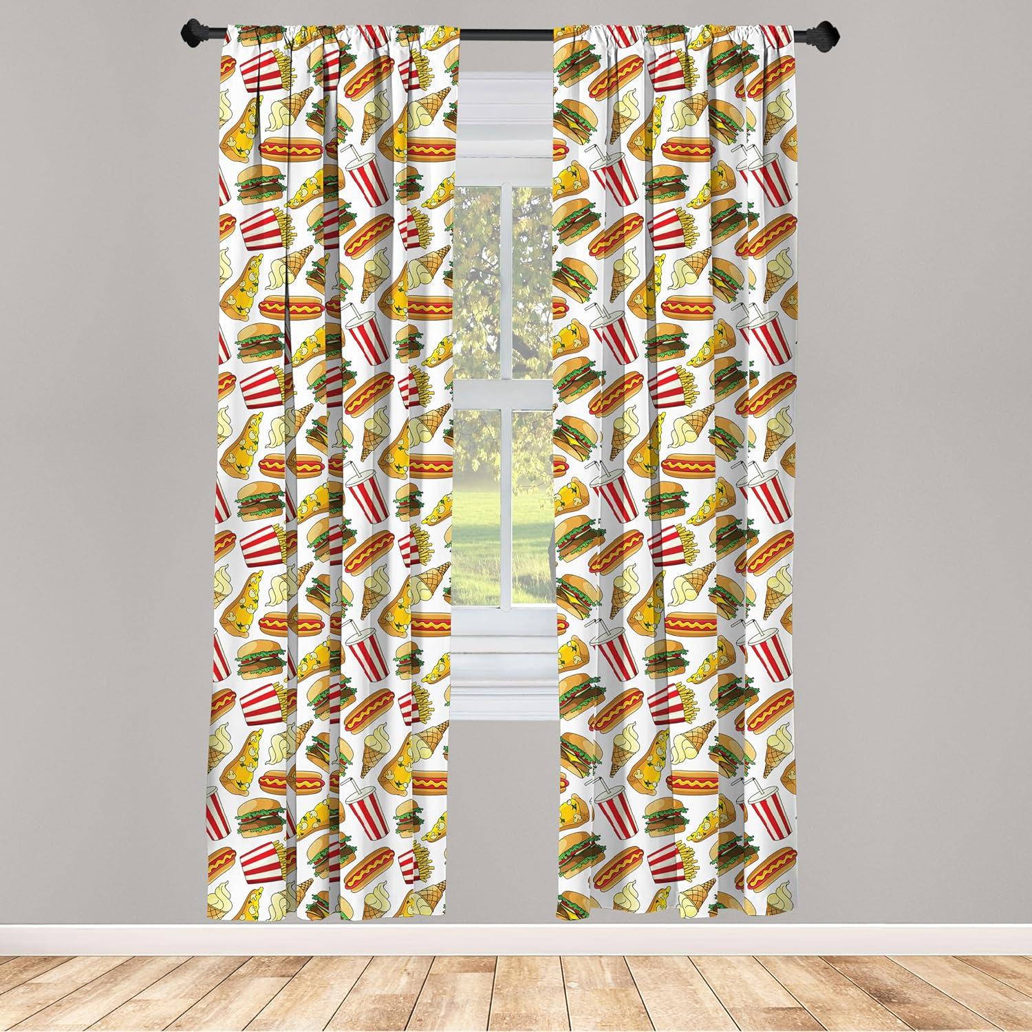 imageAmbesonne Food 2 Panel Curtain Set Fun Fast Food Cartoon Hot Dog Hamburger Pizza Slice Ice Cream Cone Soda Cup Lightweight Window Treatment Living Room Bedroom Decor Pair of 28 x 63 Red Beige