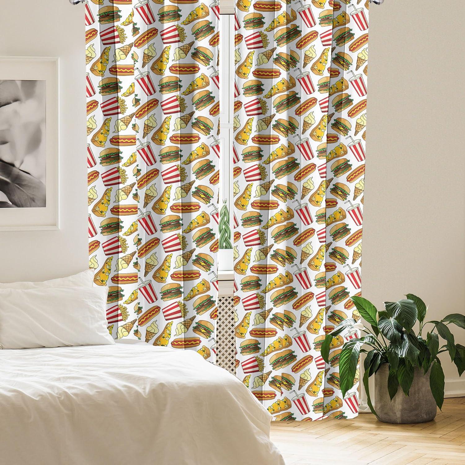 imageAmbesonne Food 2 Panel Curtain Set Fun Fast Food Cartoon Hot Dog Hamburger Pizza Slice Ice Cream Cone Soda Cup Lightweight Window Treatment Living Room Bedroom Decor Pair of 28 x 63 Red Beige