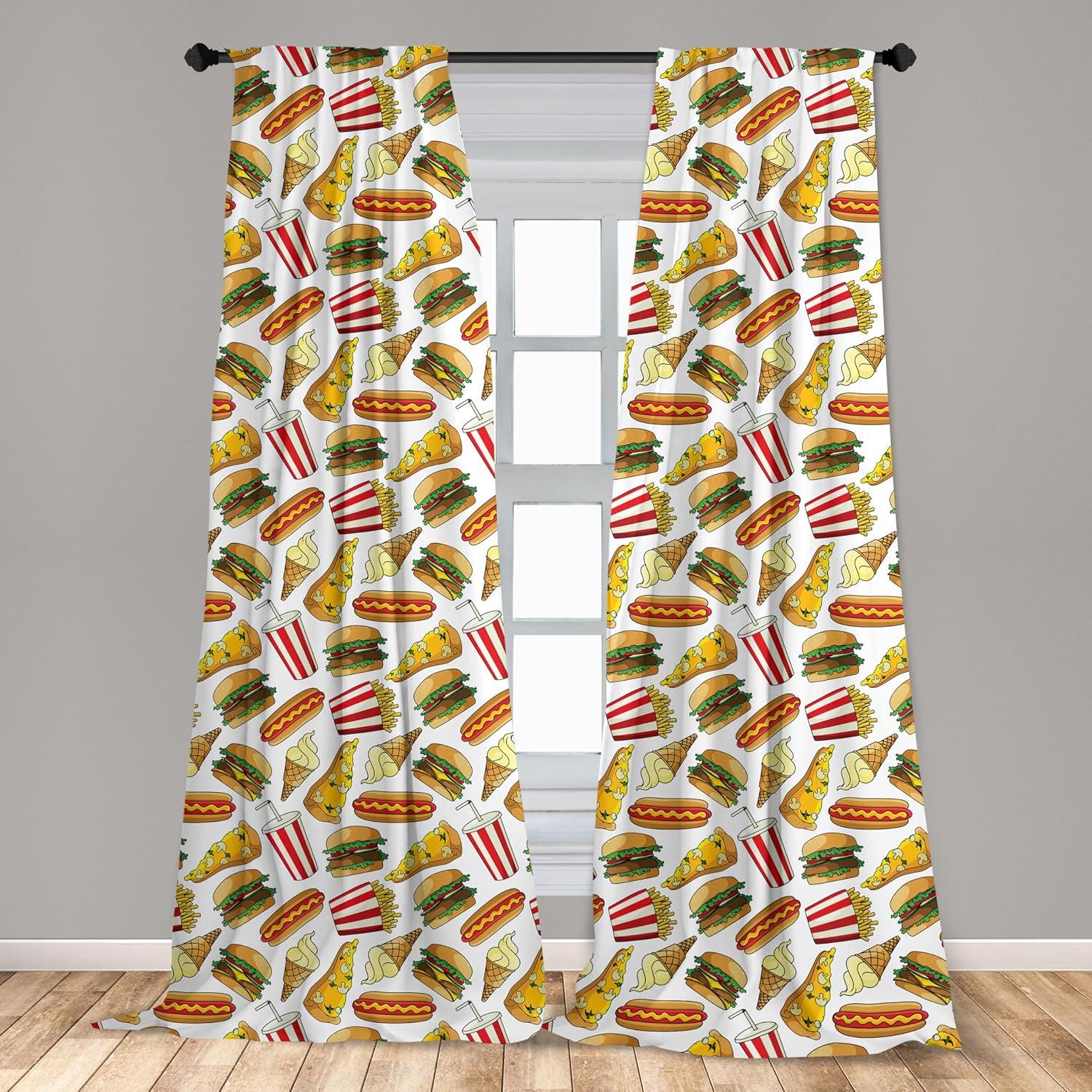 imageAmbesonne Food 2 Panel Curtain Set Fun Fast Food Cartoon Hot Dog Hamburger Pizza Slice Ice Cream Cone Soda Cup Lightweight Window Treatment Living Room Bedroom Decor Pair of 28 x 63 Red Beige