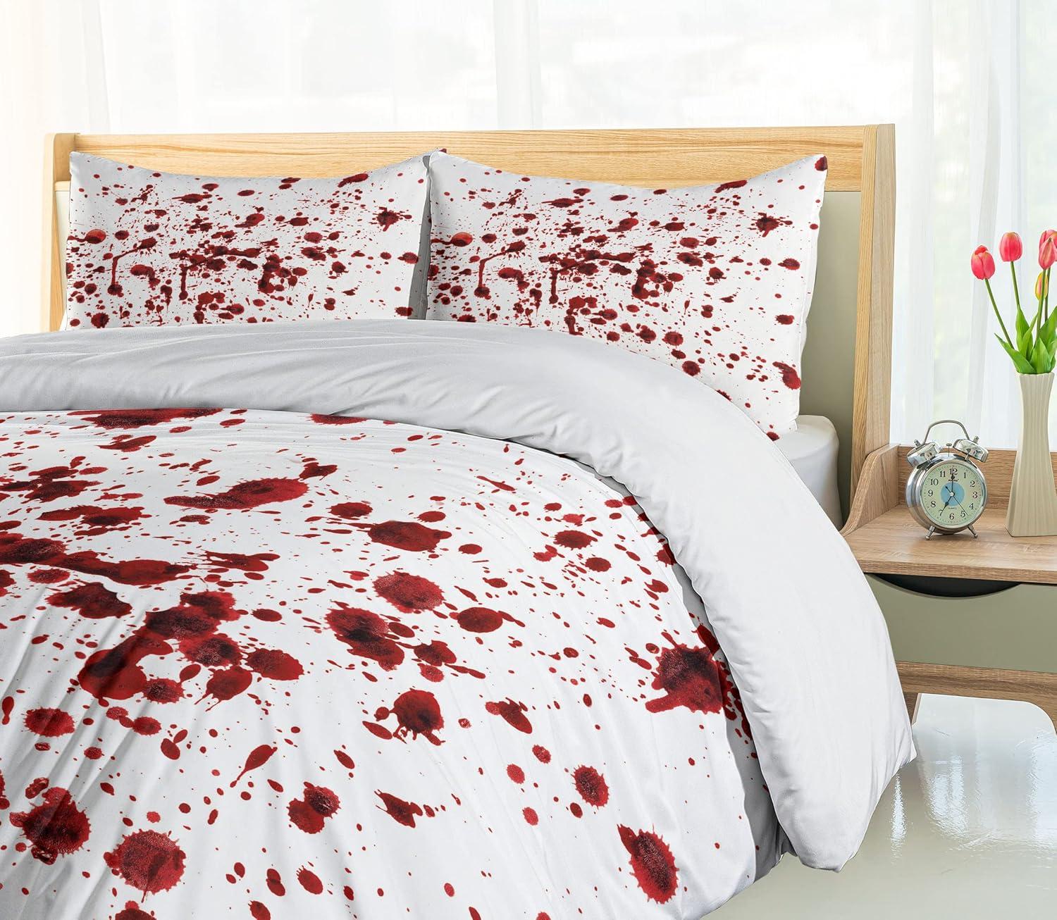 imageAmbesonne Horror Duvet Cover Set Splashes of Blood Grunge Style Bloodstain Horror Scary Zombie Halloween Themed Print Decorative 3 Piece Bedding Set with 2 Pillow Shams Queen Size Red White