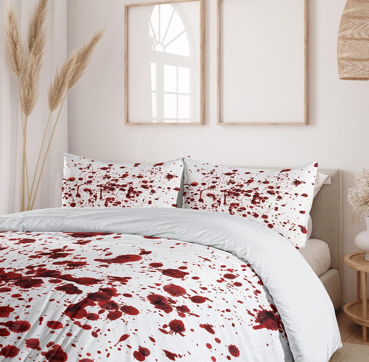 imageAmbesonne Horror Duvet Cover Set Splashes of Blood Grunge Style Bloodstain Horror Scary Zombie Halloween Themed Print Decorative 3 Piece Bedding Set with 2 Pillow Shams Queen Size Red White