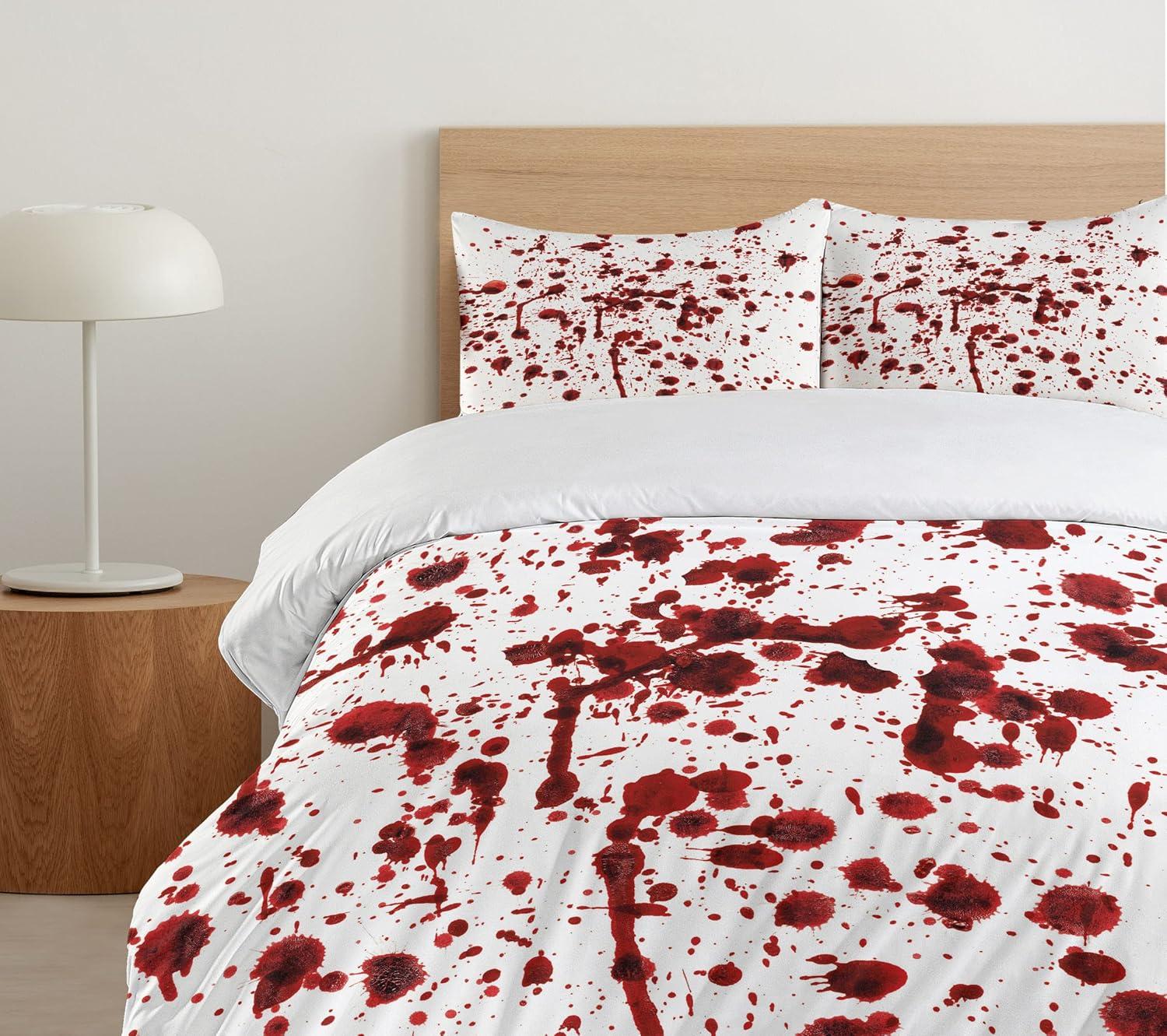 imageAmbesonne Horror Duvet Cover Set Splashes of Blood Grunge Style Bloodstain Horror Scary Zombie Halloween Themed Print Decorative 3 Piece Bedding Set with 2 Pillow Shams Queen Size Red White