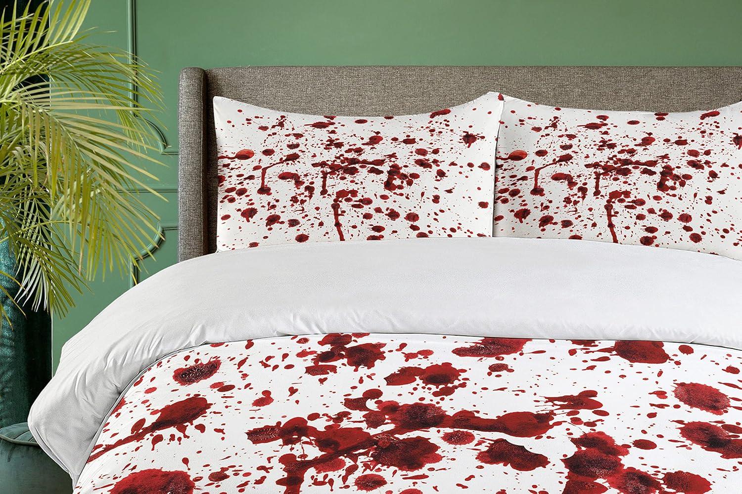 imageAmbesonne Horror Duvet Cover Set Splashes of Blood Grunge Style Bloodstain Horror Scary Zombie Halloween Themed Print Decorative 3 Piece Bedding Set with 2 Pillow Shams Queen Size Red White