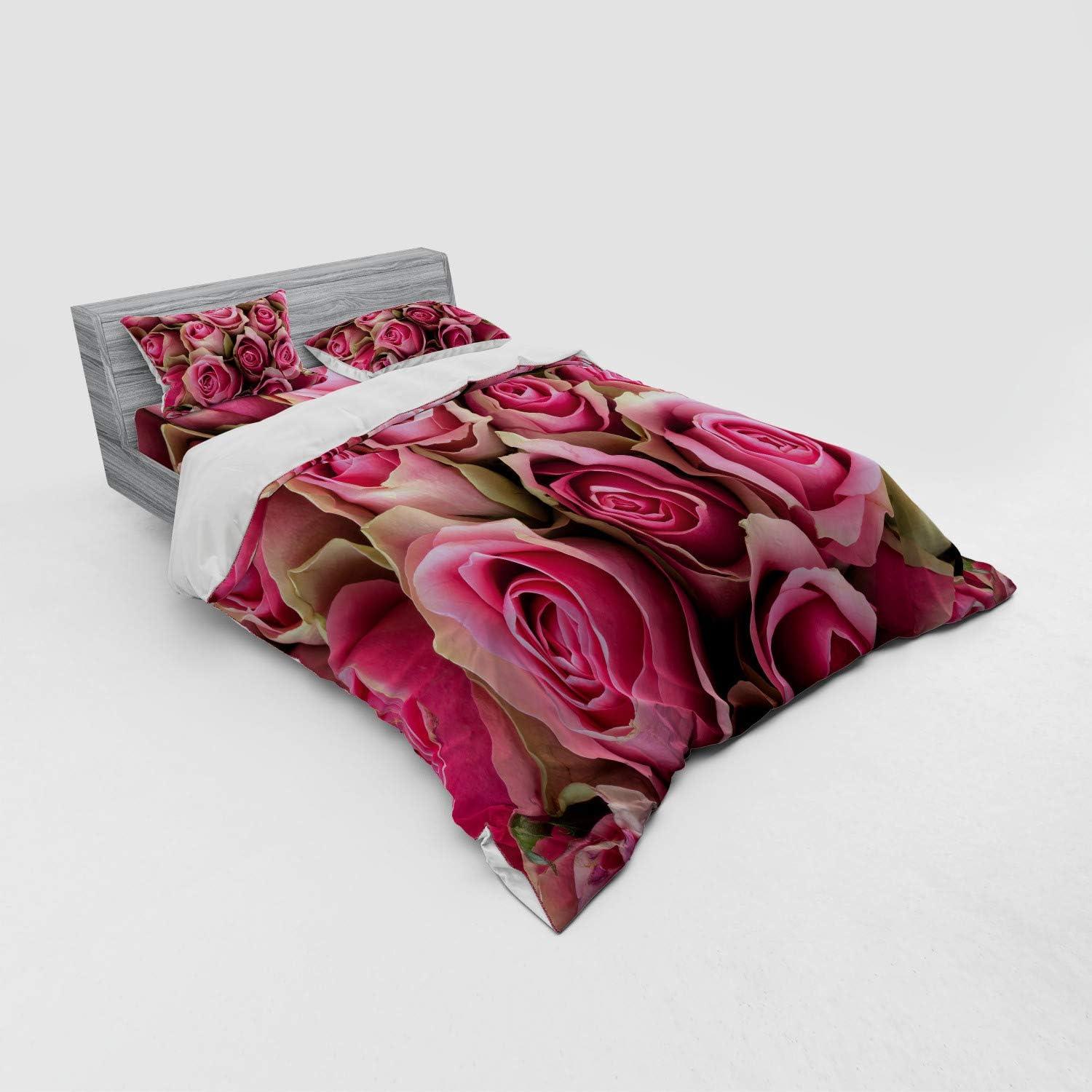 imageAmbesonne Rose Bedding Set Blooming Fresh Pink Roses Bridal Bouquet Romance Sweetheart Valentine 4 Piece Duvet Cover Set with Shams and Fitted Sheet Queen Size Pink Pale GreenPink Pale Green
