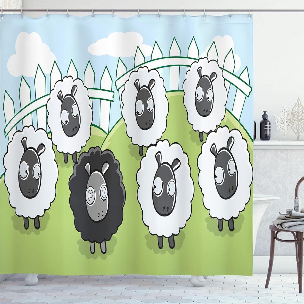 imageAmbesonne Cartoon Shower Curtain Composition of Farm Animals Dark Color Sheep Surrounded by White Sheep Pattern Cloth Fabric Bathroom Decor Set with Hooks 69 W x 70 L Green Pale Blue