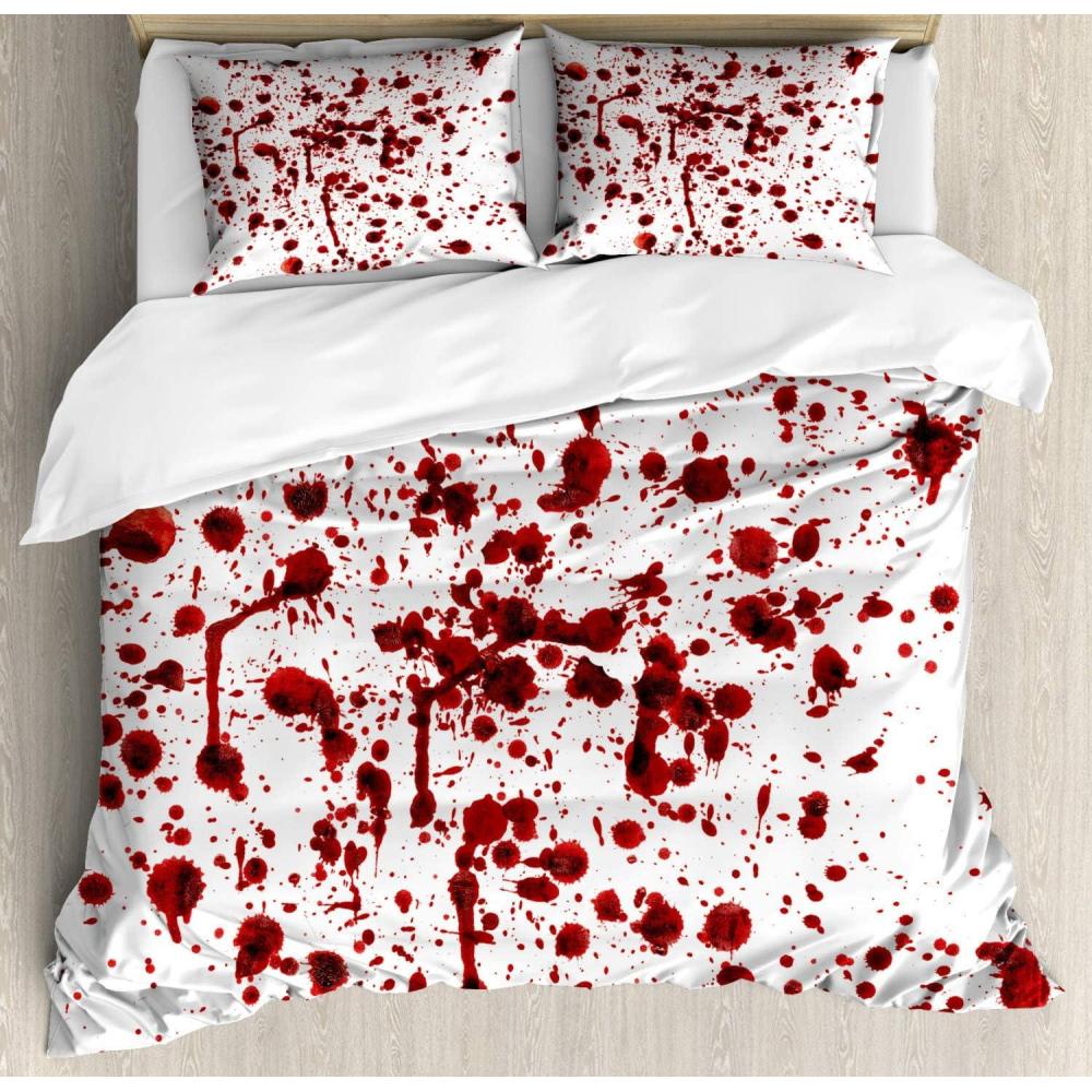imageAmbesonne Horror Duvet Cover Set Splashes of Blood Grunge Style Bloodstain Horror Scary Zombie Halloween Themed Print Decorative 3 Piece Bedding Set with 2 Pillow Shams Queen Size Red White