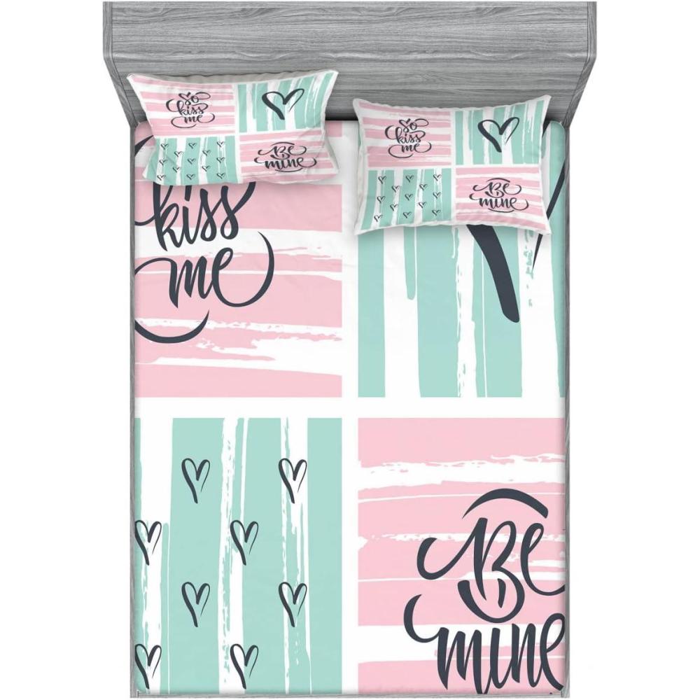imageAmbesonne Love 2 Pack Fitted Sheet amp Pillow Sham Set Valentines Day Words 4 Pcs Bedding Decor Package Contains 2 Full Size Fitted Sheets amp 4 Pillow Covers Charcoal Grey Pale Pink