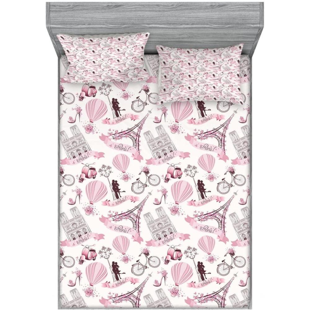 imageAmbesonne Paris 2 Pack Fitted Sheet amp Pillow Sham Set Kissing Couple Valentines 4 Pcs Bedding Decor Package Contains 2 Full Size Fitted Sheets amp 4 Pillow Covers Pale Pink Rose