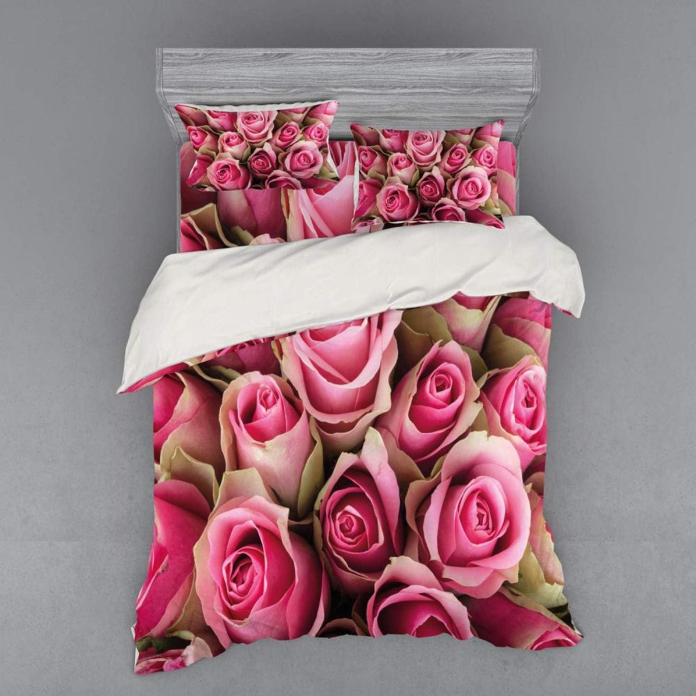 imageAmbesonne Rose Bedding Set Blooming Fresh Pink Roses Bridal Bouquet Romance Sweetheart Valentine 4 Piece Duvet Cover Set with Shams and Fitted Sheet Queen Size Pink Pale GreenPink Pale Green