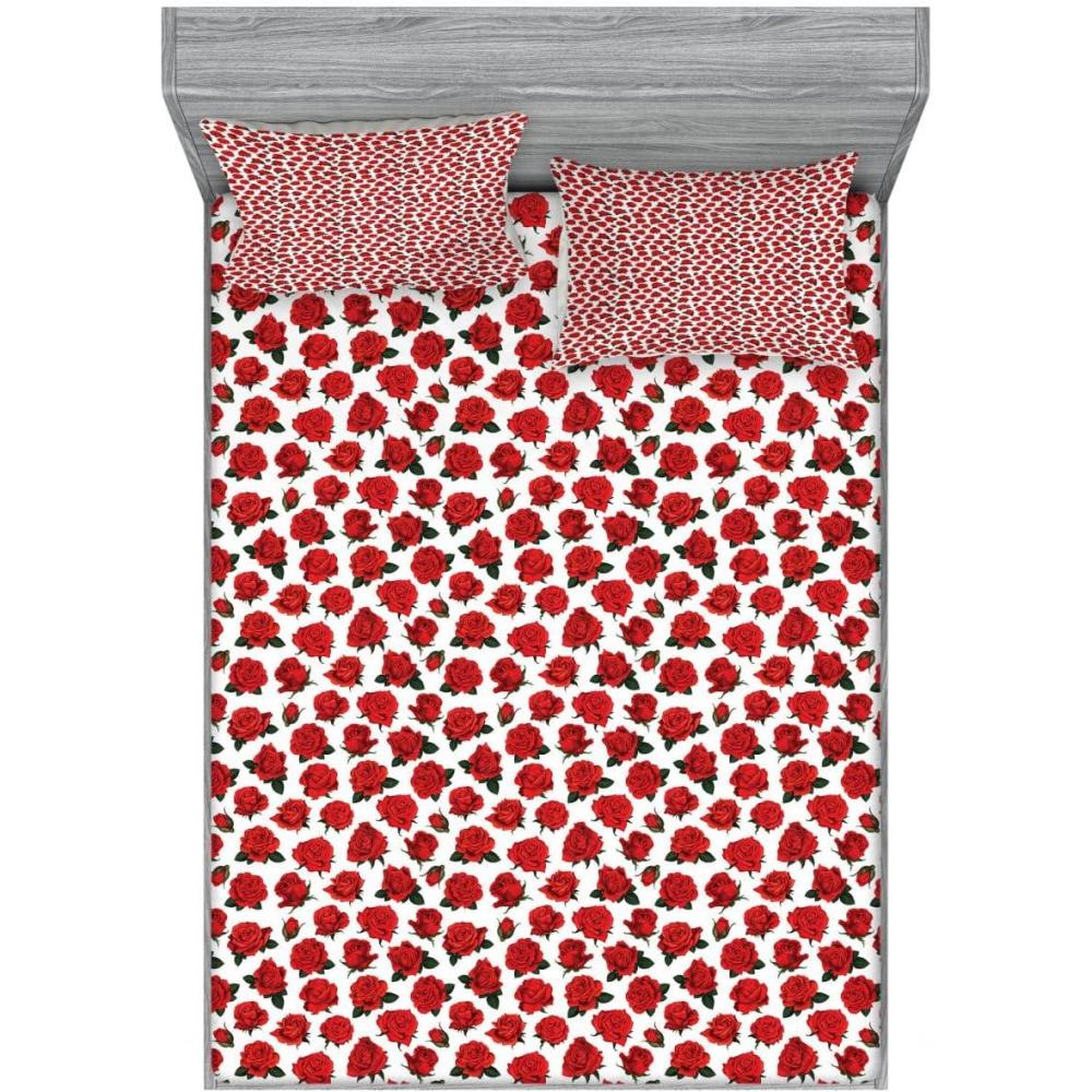 imageAmbesonne Roses 2 Pack Fitted Sheet amp Pillow Sham Set Romantic Valentines Day Flora 4 Pcs Bedding Decor Package Contains 2 Full Size Fitted Sheets amp 4 Pillow Covers Vermilion White