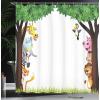 Ambesonne Cartoon Shower Curtain, Big Trees and Friendly Jungle Savannah Animals Wilderness Tropical Wildlife, Cloth Fabric Bathroom Decor Set with Hooks, 69″ W x 70″ L, Green Multicolor