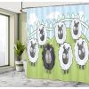 Ambesonne Cartoon Shower Curtain, Composition of Farm Animals Dark Color Sheep Surrounded by White Sheep Pattern, Cloth Fabric Bathroom Decor Set with Hooks, 69″ W x 70″ L, Green Pale Blue