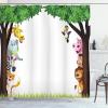 Ambesonne Cartoon Shower Curtain, Big Trees and Friendly Jungle Savannah Animals Wilderness Tropical Wildlife, Cloth Fabric Bathroom Decor Set with Hooks, 69″ W x 70″ L, Green Multicolor