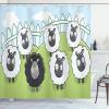 Ambesonne Cartoon Shower Curtain, Composition of Farm Animals Dark Color Sheep Surrounded by White Sheep Pattern, Cloth Fabric Bathroom Decor Set with Hooks, 69″ W x 70″ L, Green Pale Blue