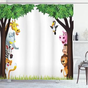 Ambesonne Cartoon Shower Curtain, Big Trees and Friendly Jungle Savannah Animals Wilderness Tropical Wildlife, Cloth Fabric Bathroom Decor Set with Hooks, 69″ W x 70″ L, Green Multicolor