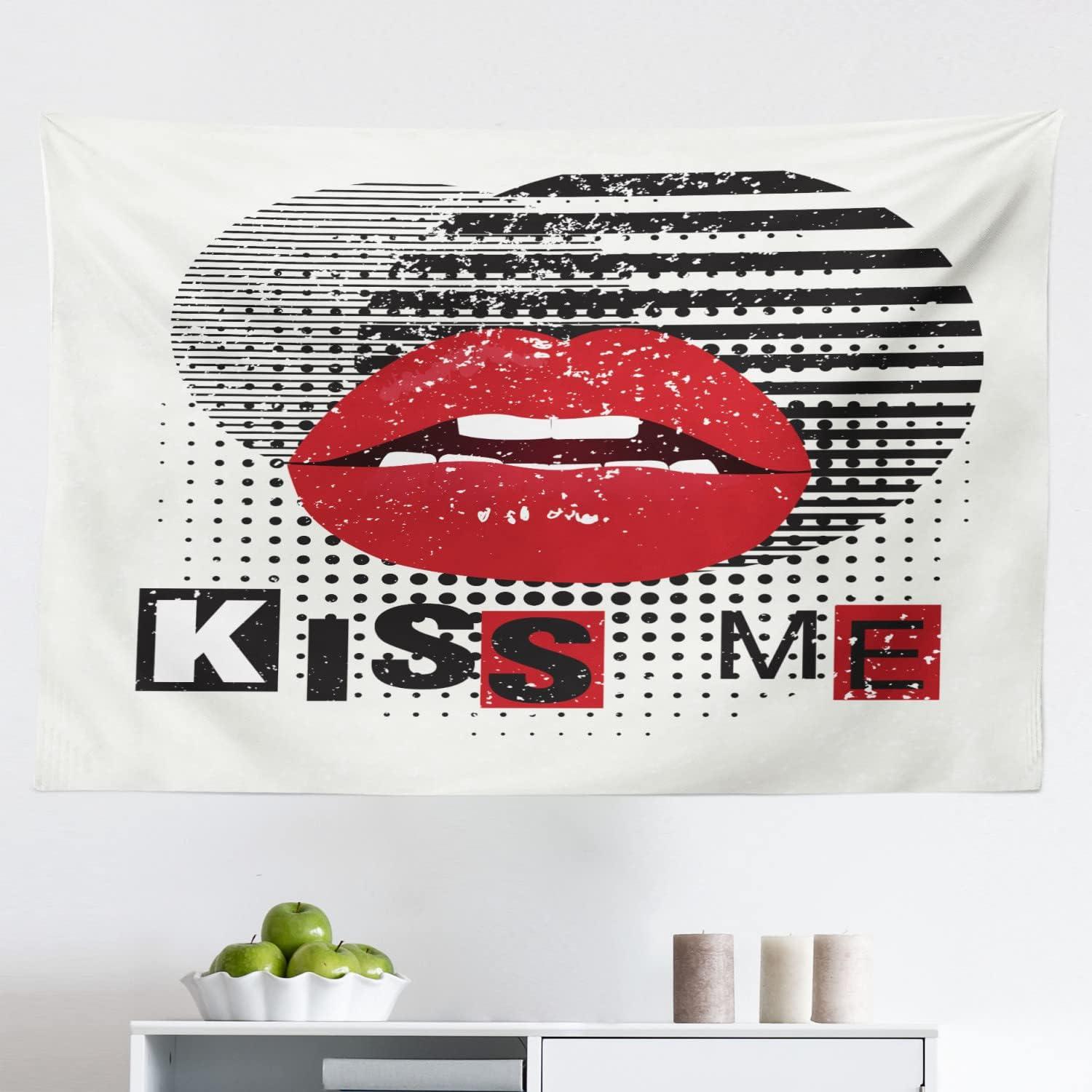 imageAmbesonne Kiss Me Tapestry Valentines Day Typography Grunge Background Halftone and Stripes Fabric Wall Hanging Decor for Bedroom Living Room Dorm 45 X 30 Vermilion Off WhiteVermilion Off White