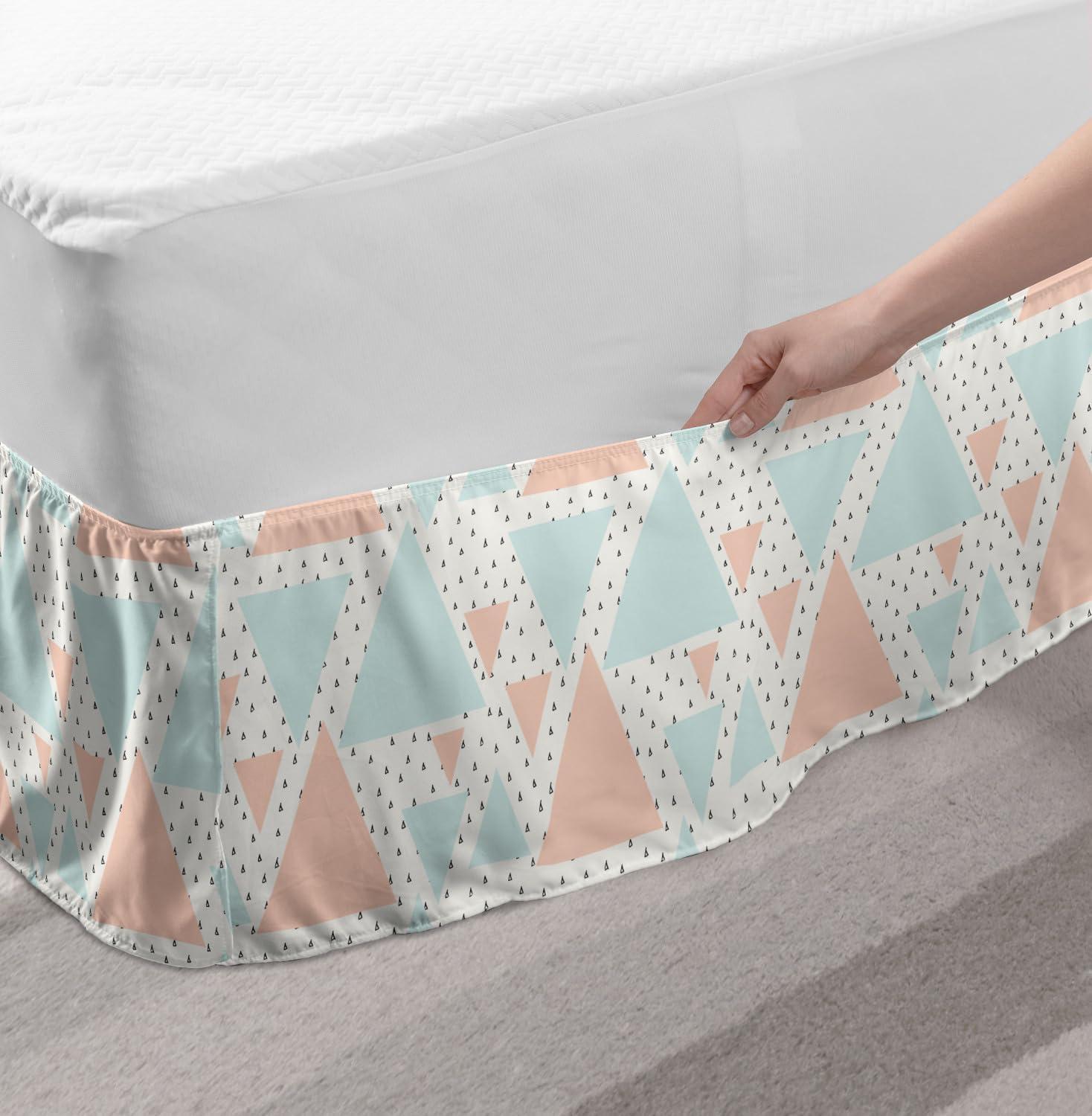 imageAmbesonne Neutral Color Elastic Bed Skirt Triangles Geometric Hipster Minimalist Contemporary Art Deco Wrap Around Fabric Bedskirt Dust Ruffle for Bedroom King Peach Pale Blue and Coconut
