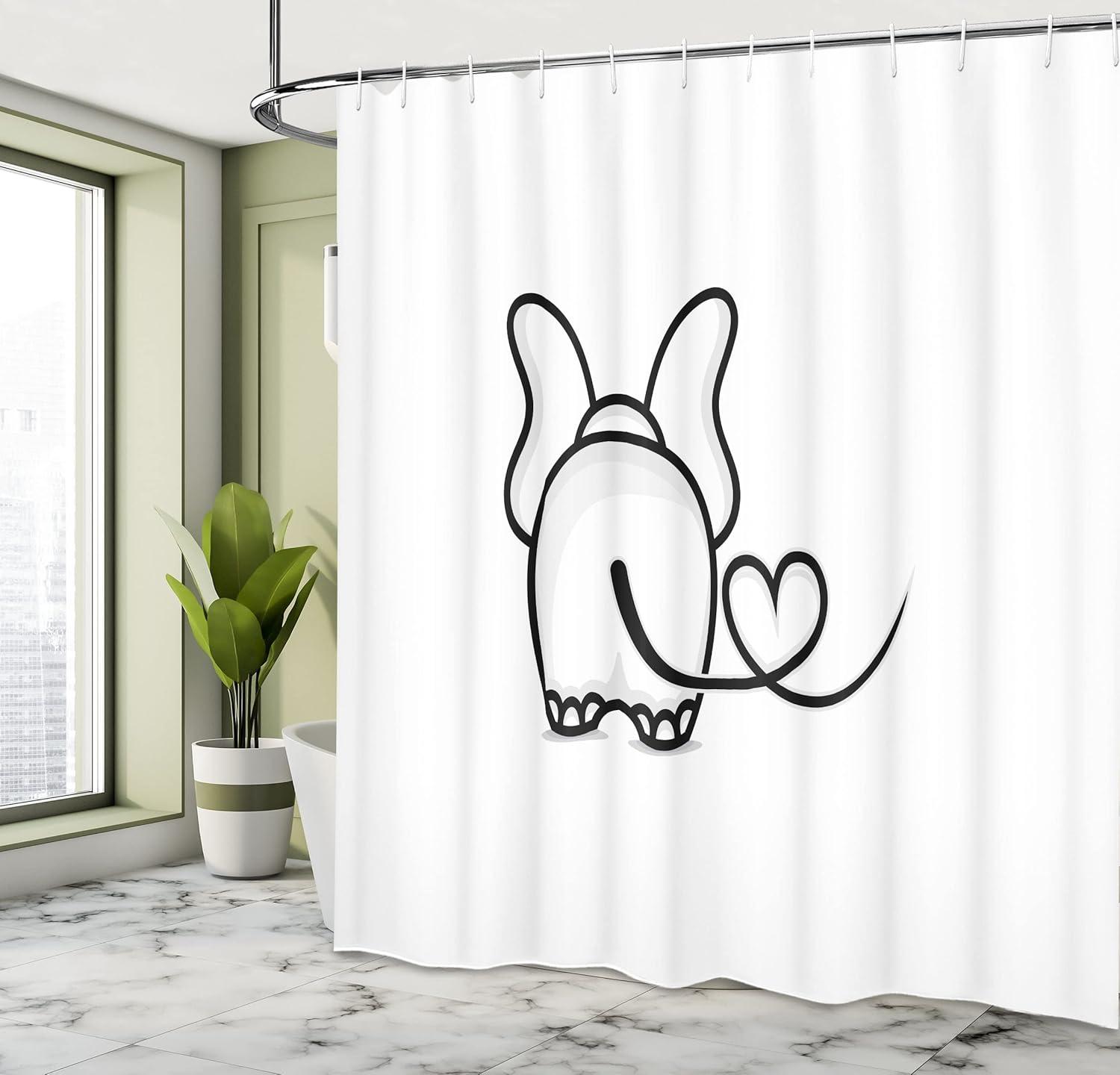 imageAmbesonne Romantic Shower Curtain Monochrome Elephant with Valentines Heart Shaped Tail Love Theme Doodle Animal Cloth Fabric Bathroom Decor Set with Hooks 69 W x 84 L Black White