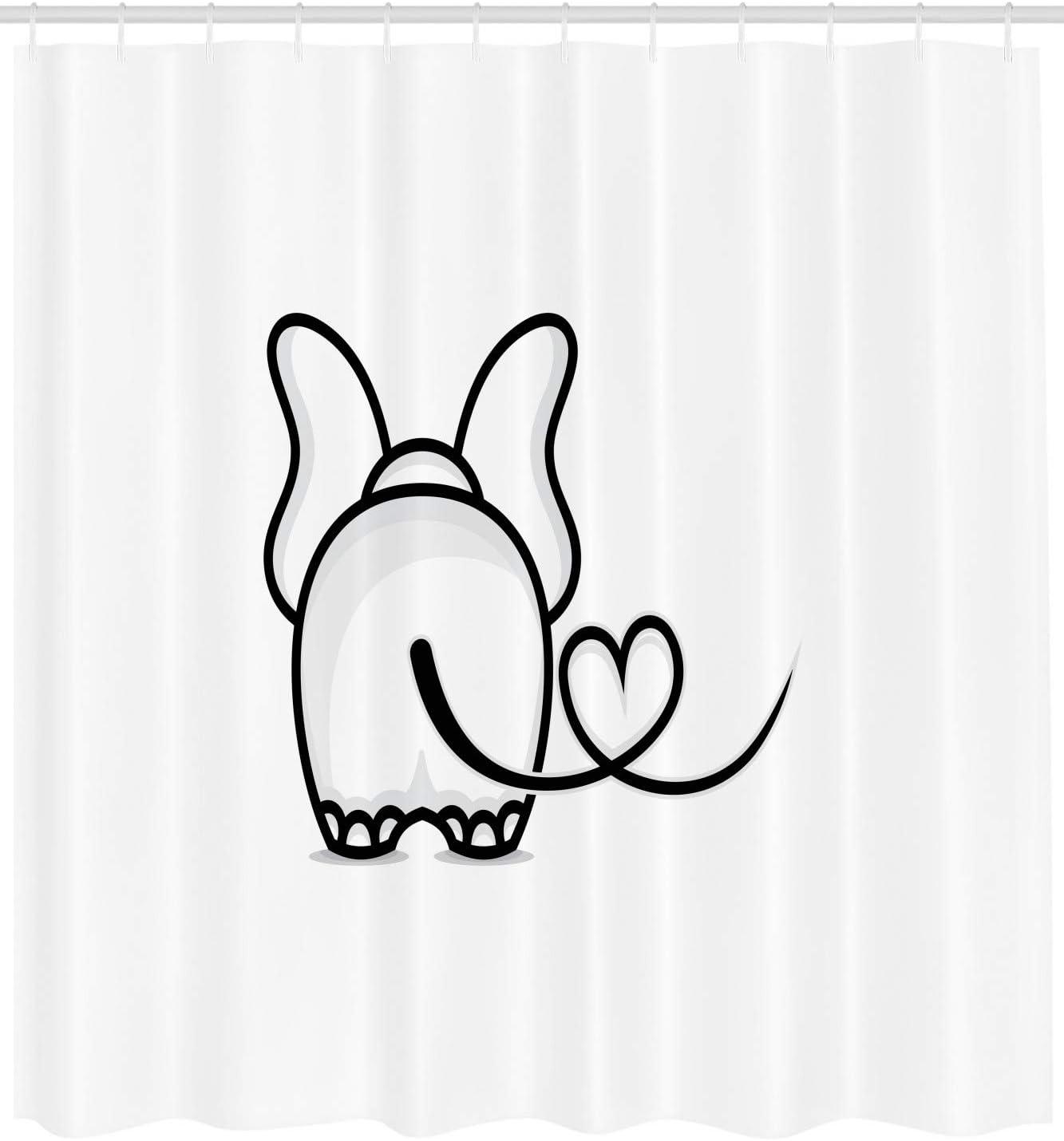 imageAmbesonne Romantic Shower Curtain Monochrome Elephant with Valentines Heart Shaped Tail Love Theme Doodle Animal Cloth Fabric Bathroom Decor Set with Hooks 69 W x 84 L Black White