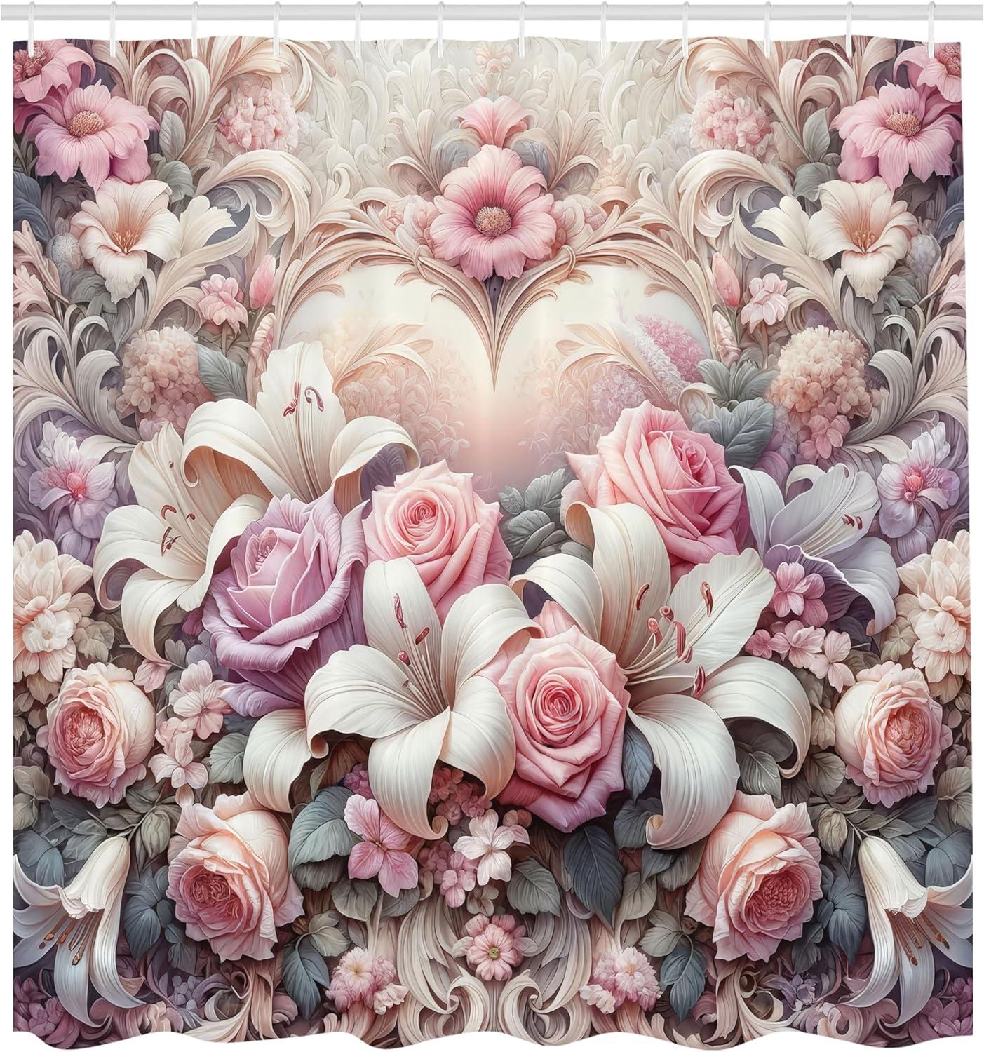 imageAmbesonne Romantic Shower Curtain Royal Love Garden Blooming Roses Daisies Lily Flowers Pastel Tones Cloth Fabric Bathroom Decor Set with Hooks 69 W x 75 L Pale Pink Peach and Lilac