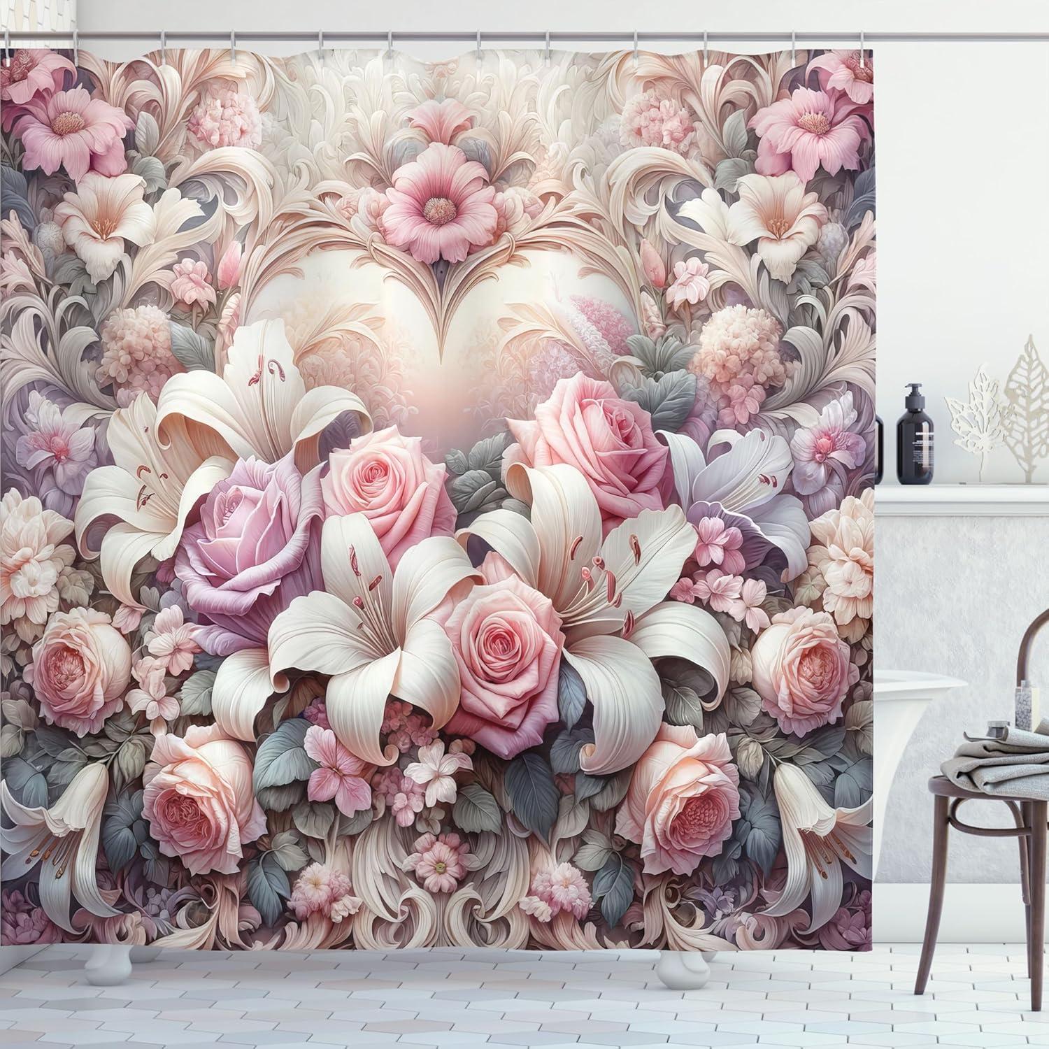 imageAmbesonne Romantic Shower Curtain Royal Love Garden Blooming Roses Daisies Lily Flowers Pastel Tones Cloth Fabric Bathroom Decor Set with Hooks 69 W x 75 L Pale Pink Peach and Lilac