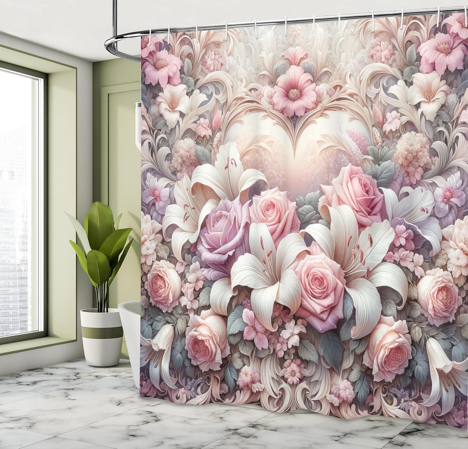 imageAmbesonne Romantic Shower Curtain Royal Love Garden Blooming Roses Daisies Lily Flowers Pastel Tones Cloth Fabric Bathroom Decor Set with Hooks 69 W x 75 L Pale Pink Peach and Lilac