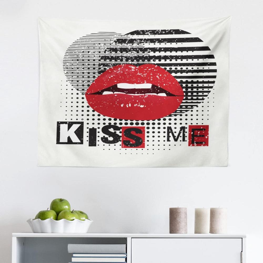 imageAmbesonne Kiss Me Tapestry Valentines Day Typography Grunge Background Halftone and Stripes Fabric Wall Hanging Decor for Bedroom Living Room Dorm 45 X 30 Vermilion Off WhiteVermilion Off White