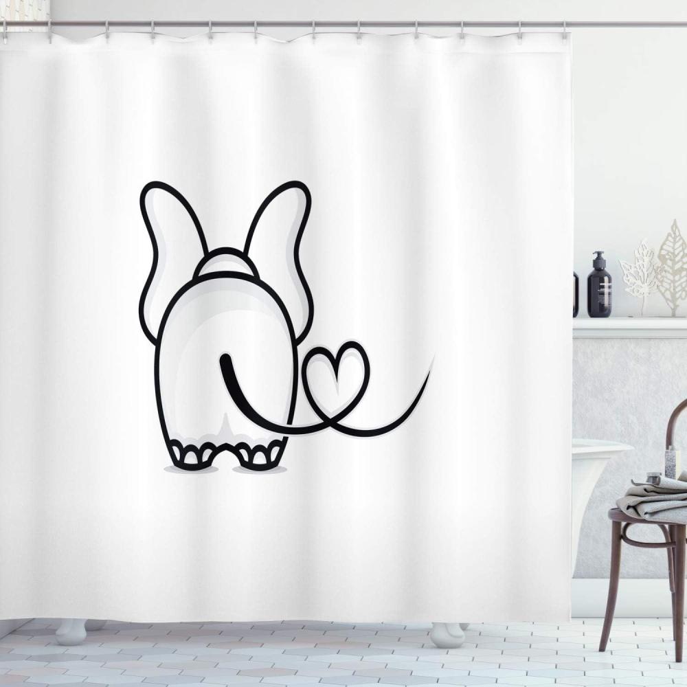 imageAmbesonne Romantic Shower Curtain Monochrome Elephant with Valentines Heart Shaped Tail Love Theme Doodle Animal Cloth Fabric Bathroom Decor Set with Hooks 69 W x 84 L Black White