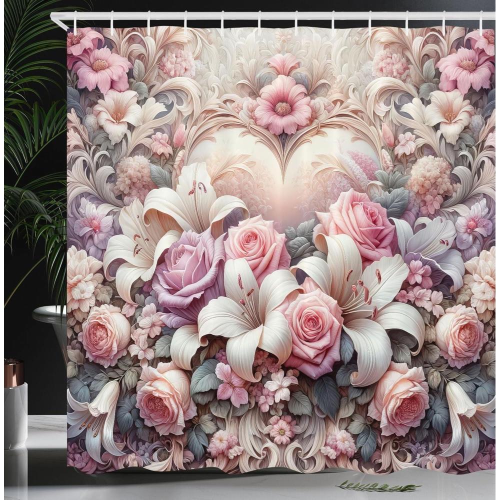 imageAmbesonne Romantic Shower Curtain Royal Love Garden Blooming Roses Daisies Lily Flowers Pastel Tones Cloth Fabric Bathroom Decor Set with Hooks 69 W x 75 L Pale Pink Peach and Lilac