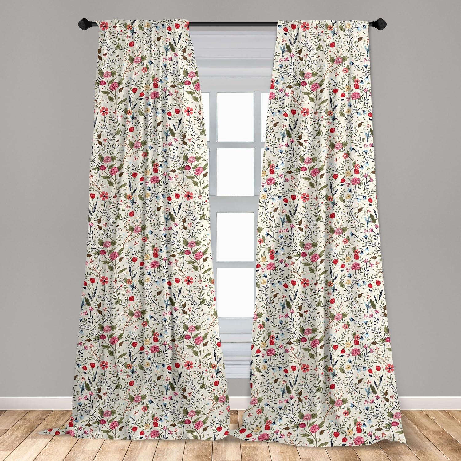 imageAmbesonne Floral Curtains Vibrant Colored Complex Image Birds with Roses Leaves and Polka Dots Nature Scenery Window Treatments 2 Panel Set for Living Room Bedroom Pair of 28 x 84 Pink Cream