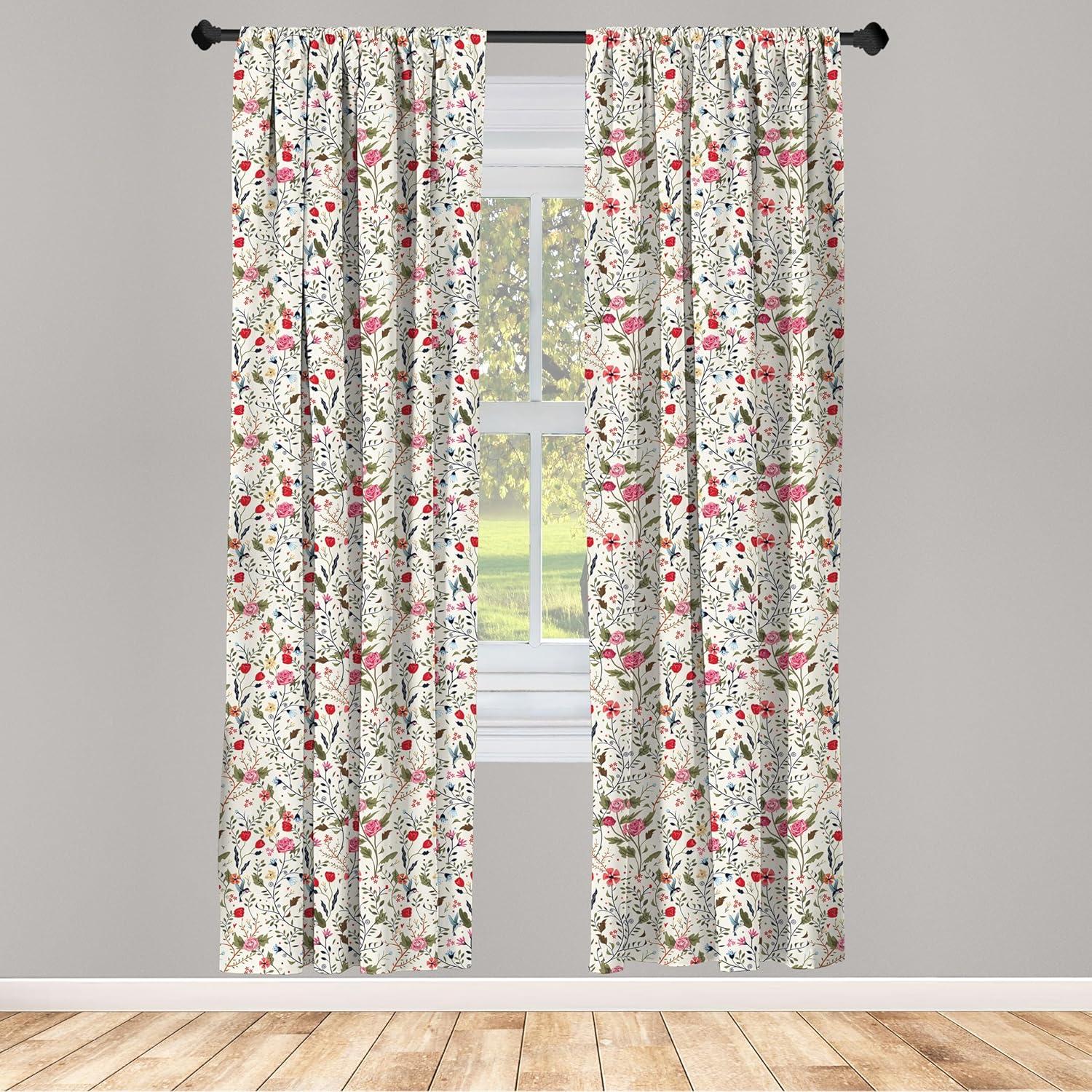 imageAmbesonne Floral Curtains Vibrant Colored Complex Image Birds with Roses Leaves and Polka Dots Nature Scenery Window Treatments 2 Panel Set for Living Room Bedroom Pair of 28 x 84 Pink Cream