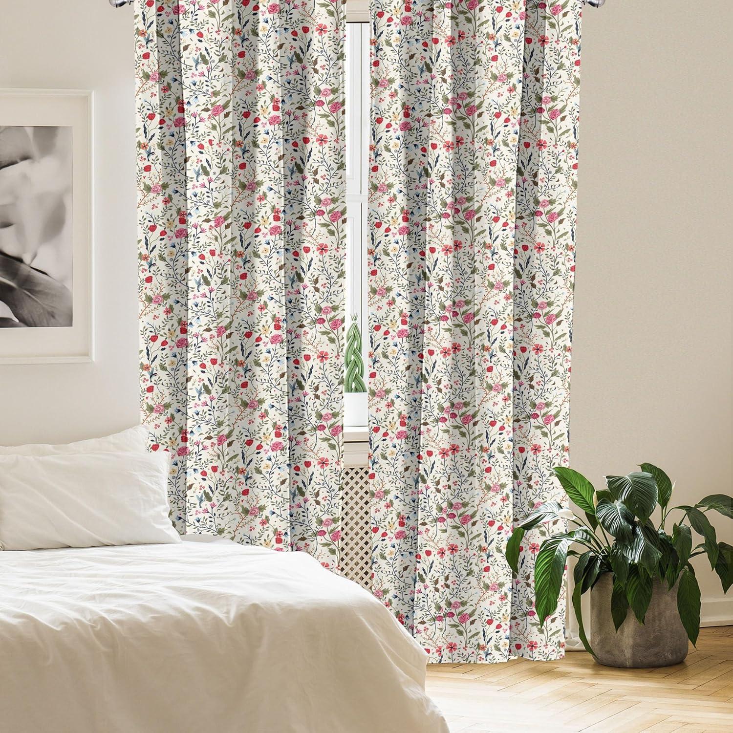 imageAmbesonne Floral Curtains Vibrant Colored Complex Image Birds with Roses Leaves and Polka Dots Nature Scenery Window Treatments 2 Panel Set for Living Room Bedroom Pair of 28 x 84 Pink Cream