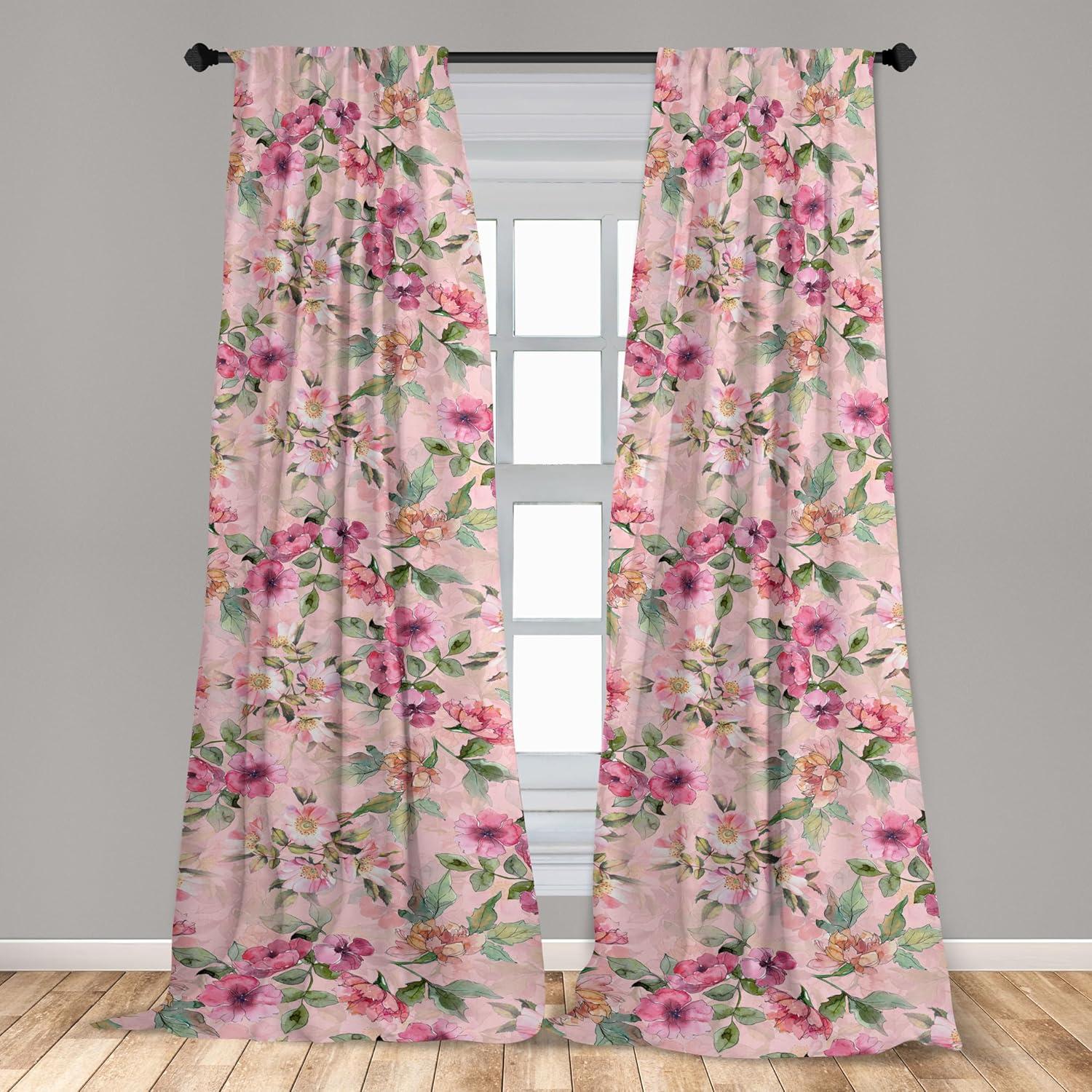 imageAmbesonne Flower Print Curtains Blurry Effect Spring Blossoms Floral Branches Vintage Romance Window Treatments 2 Panel Set for Living Room Bedroom Pair of 28 x 95 Rose Pink and Fern GreenRose Pink and Fern Green