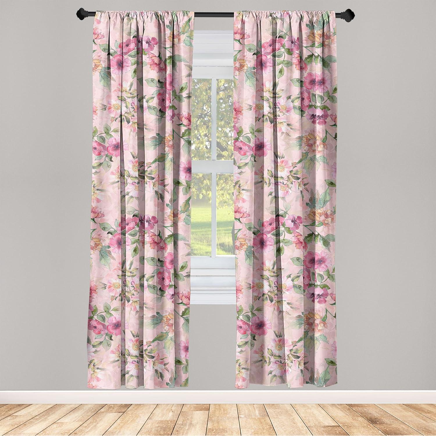 imageAmbesonne Flower Print Curtains Blurry Effect Spring Blossoms Floral Branches Vintage Romance Window Treatments 2 Panel Set for Living Room Bedroom Pair of 28 x 95 Rose Pink and Fern GreenRose Pink and Fern Green
