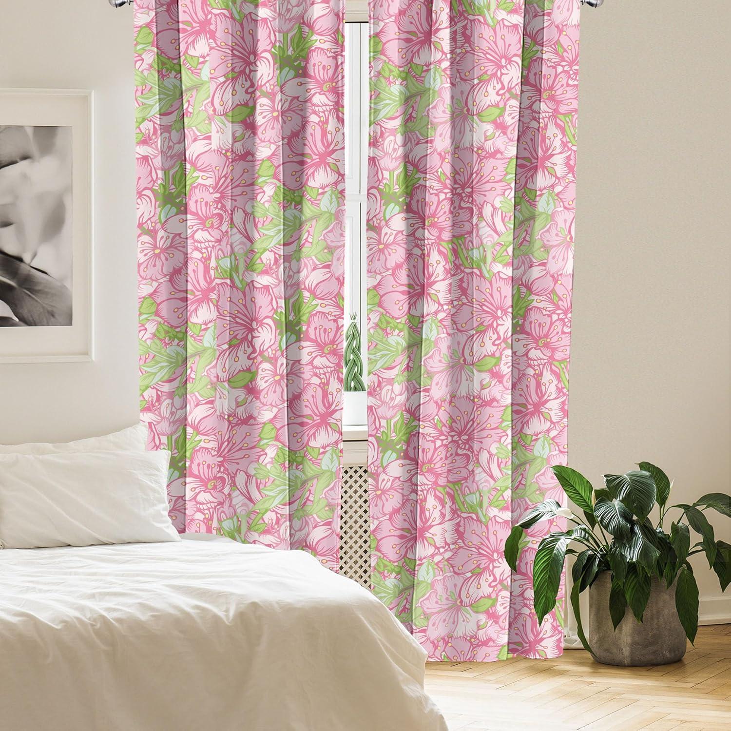 imageAmbesonne Flower Print Curtains Blurry Effect Spring Blossoms Floral Branches Vintage Romance Window Treatments 2 Panel Set for Living Room Bedroom Pair of 28 x 95 Rose Pink and Fern GreenPink and Pastel Green