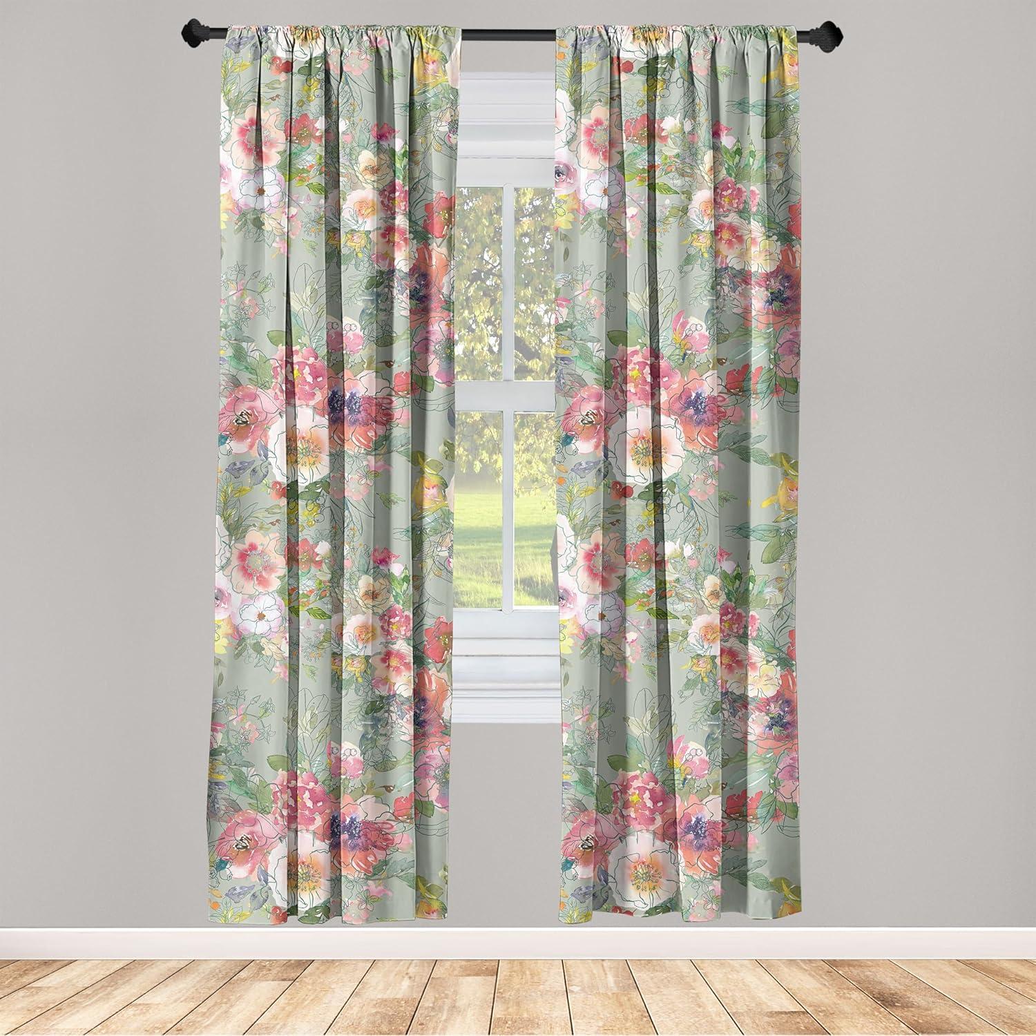 imageAmbesonne Flower Print Curtains Blurry Effect Spring Blossoms Floral Branches Vintage Romance Window Treatments 2 Panel Set for Living Room Bedroom Pair of 28 x 95 Rose Pink and Fern GreenSage Green Multicolor