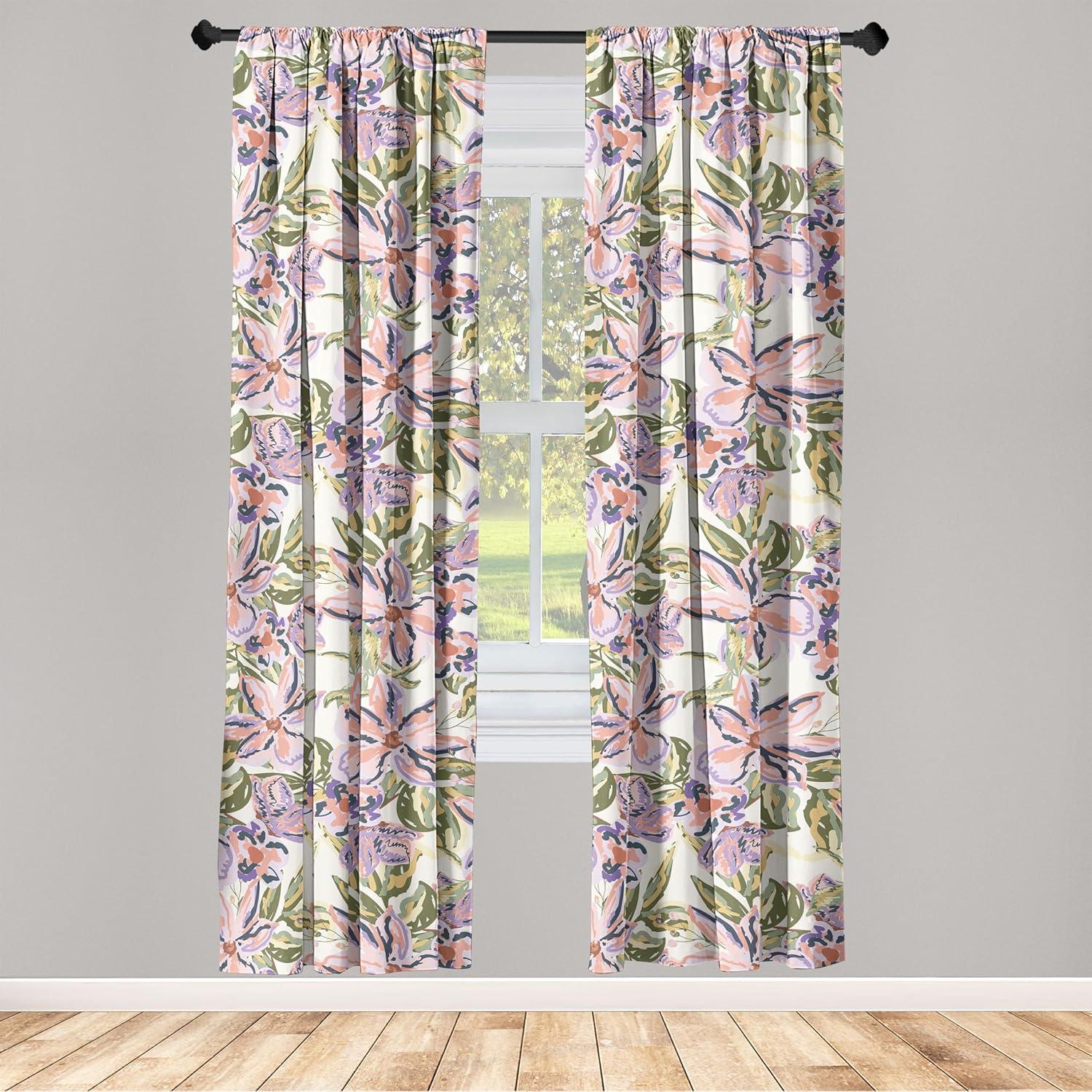 imageAmbesonne Flower Print Curtains Blurry Effect Spring Blossoms Floral Branches Vintage Romance Window Treatments 2 Panel Set for Living Room Bedroom Pair of 28 x 95 Rose Pink and Fern GreenIvory and Multicolor
