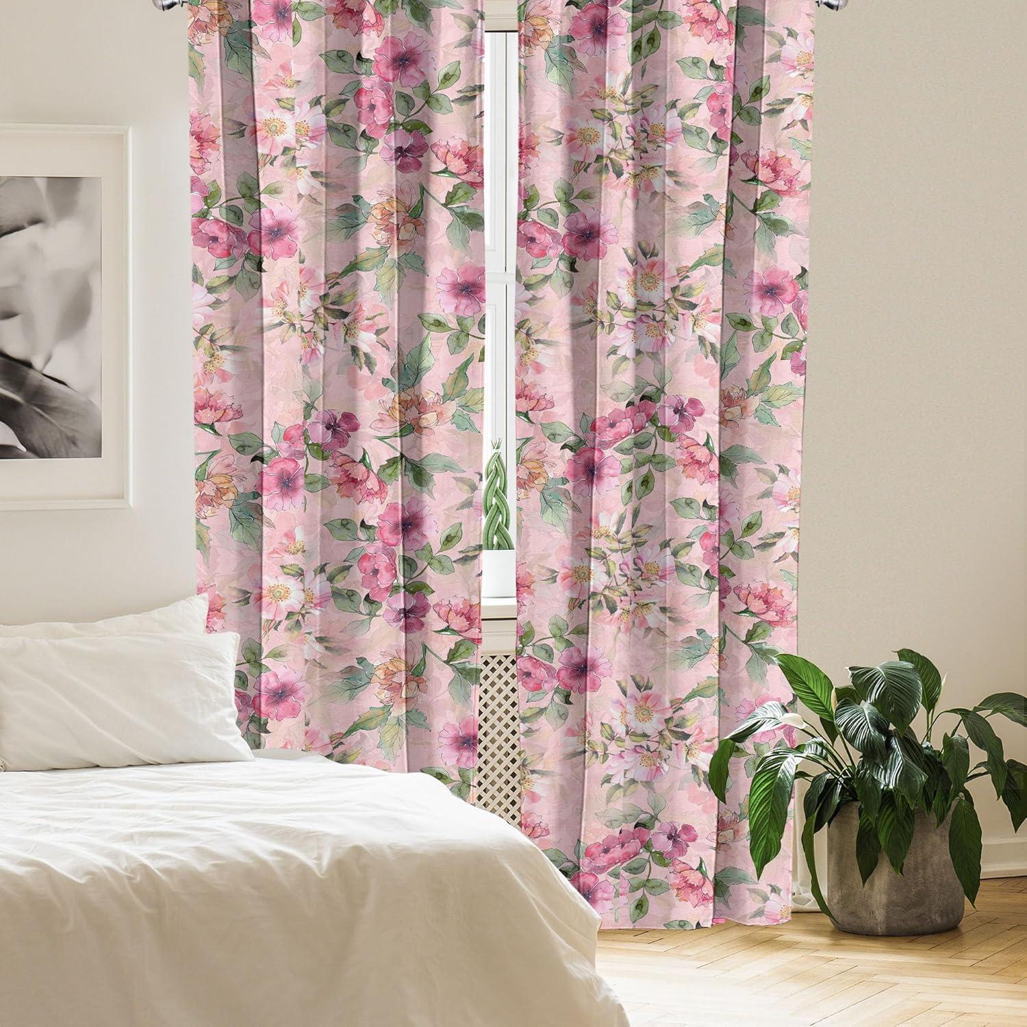 imageAmbesonne Flower Print Curtains Blurry Effect Spring Blossoms Floral Branches Vintage Romance Window Treatments 2 Panel Set for Living Room Bedroom Pair of 28 x 95 Rose Pink and Fern GreenRose Pink and Fern Green